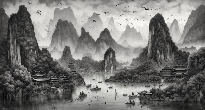 山林怪石群鸟齐飞新中式水墨意境山水画,插画/手绘图,插画/手绘图库,插画/手绘图下载,插画/手绘